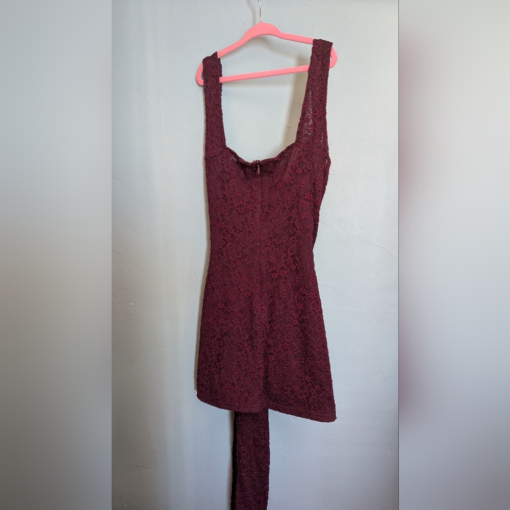 Mars The Label Plum Cinched Lace Mini Dress with Tie - Picture 3 of 6